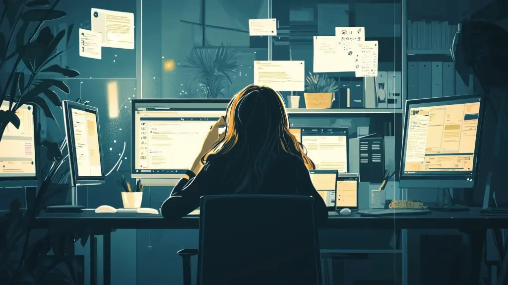 Photorealistic image of a woman at a desk with multiple screens, surrounded by open tabs and notifications, showing work overload and digital strain