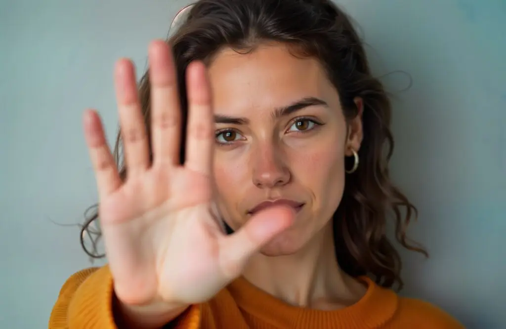 Woman holds hand out in stop gesture. Focused expression signals personal boundaries privacy message. Serious intent shows assertiveness, control.