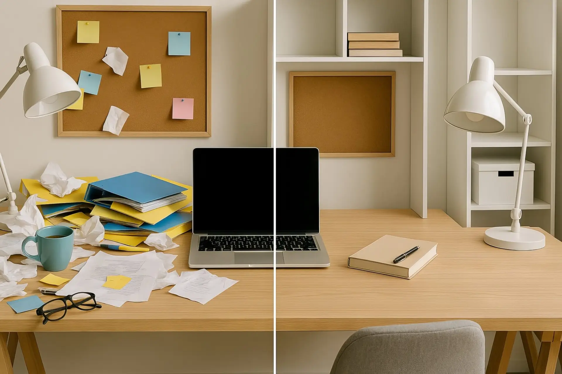 home office desk organization with cluttered workspace transformed into clean minimalist setup. Concept of cleaning, productivity, home organization, workspace transformation