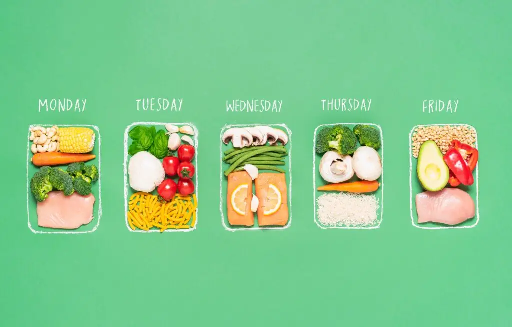 Weekly meal plan. Meal prep concept. Raw food ingredients in boxes
