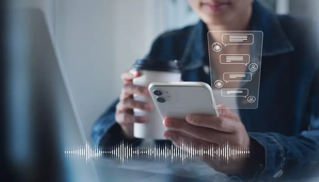 Chatbot conversation assistant on smartphone screen app interface with artificial intelligence technology providing virtual assistant