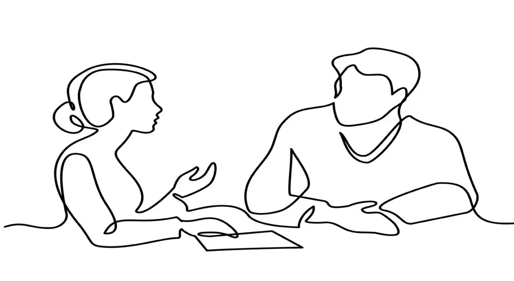 pencil drawing of a discussion between a man and woman