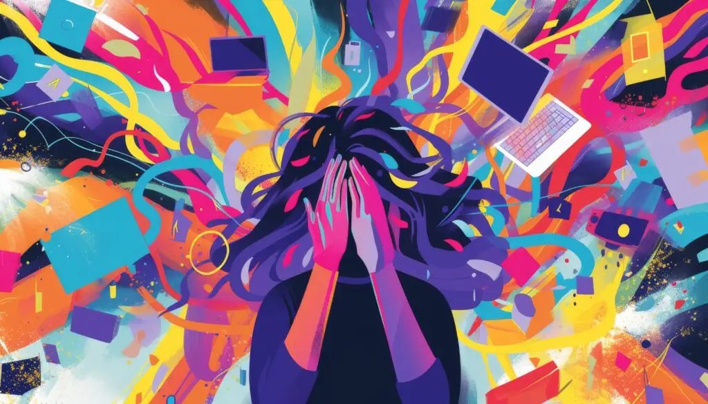 Illustration depicting a woman overwhelmed by work stress and burnout due to information overload in modern technology